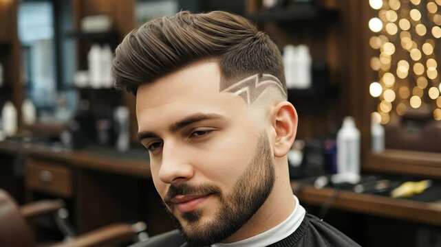 Stylish male haircut with geometric designs in modern barbershop setting