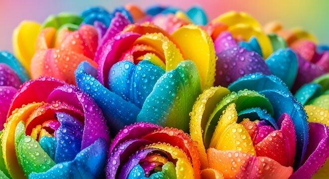 Vibrant rainbow colored tulips with water droplets close up image