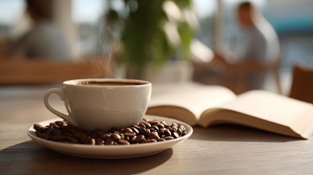 A white cup of steaming coffee rests on a saucer surrounded by coffee beans with an open book nearby in a sunlit cafe setting