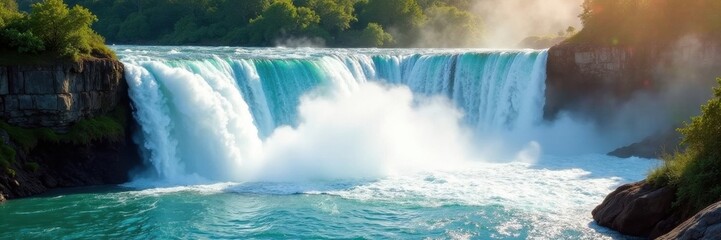 Powerful cascade plunging into a churning pool, sunlight illuminates the spray , horizontal, fresh