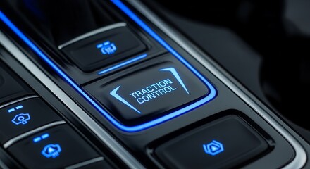 Obraz premium Automotive Interior Detail Showing Illuminated Traction Control Button With Other Controls
