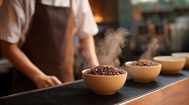 Steaming roasted coffee beans in bowls at a coffee shop with a barista preparing them in the background