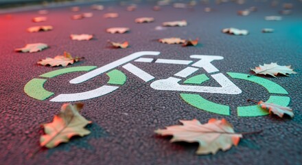 Autumn Bicycle Lane: Leaf-Strewn Pathway Marking in Vibrant Seasonal Colors