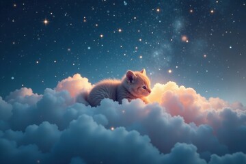 Tiny one nestled in soft cloud, twinkling stars above , cosmic, baby, dreamscape