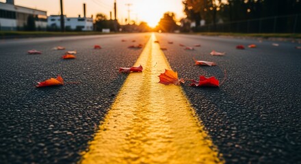 Autumn Road Sunrise View With Fallen Leaves Along The Yellow Road Markings