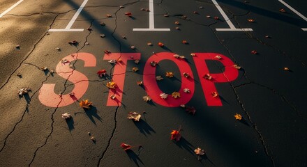 Autumnal Parking Surface Stop Sign Interplay with Foliage and Sunlight Effects