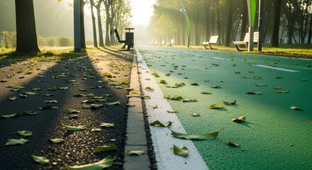 Autumnal Pathway Lined with Trees and Dotted with Fallen Leaves at Dawn