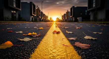 Autumnal Road and Modern Buildings Silhouetted Against a Golden Sunset Sky Prospect