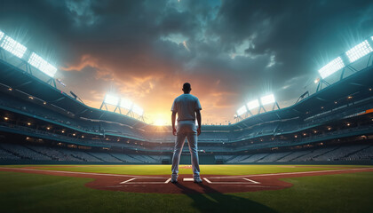 Baseball player stands on field in stadium under bright lights, ready for game. Dramatic clouds, sunset sky create atmosphere. Empty seats suggest anticipation for competition. Focus on athlete,