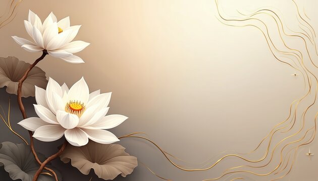 Elegant white lotus blooms on brown stems with large leaves. Golden wavy lines create a soft gradient background. Clean design for decor, cards, posters, or invitations.