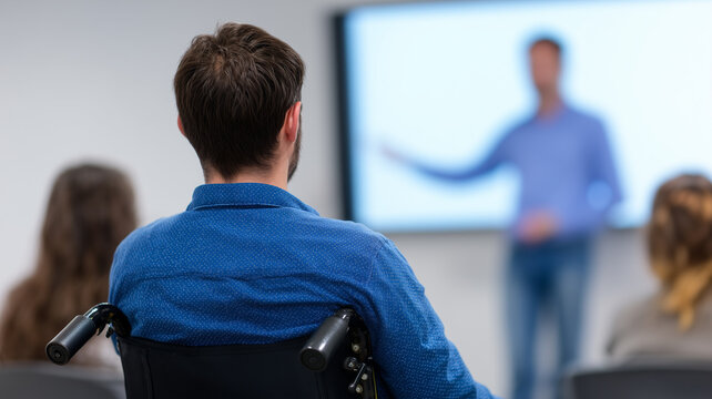 Businessperson in wheelchair attentively listens to presentation in modern office, focusing on speaker at front of room, fostering inclusive and professional atmosphere