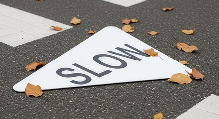 Autumnal Slow Speed Sign Amidst Fallen Leaves on Asphalt Surface Outdoors