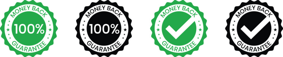 Fototapeta premium Money back guarantee 100% badge set green stamp with checkmark Icon vector Illustration.