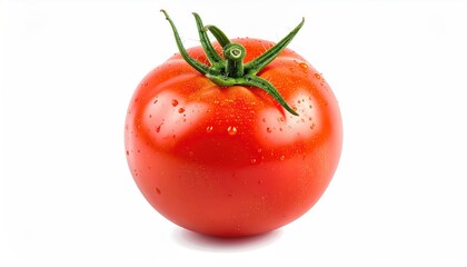 Red, ripe tomato with water droplets and green stem