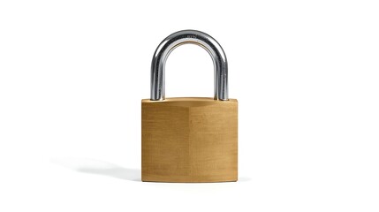 Fototapeta premium A brass padlock with a silver shackle against a white background