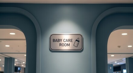 Baby Care Room Sign Illuminated on Azure Wall with Arched Entrance and Soft Lighting