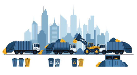 Efficient waste management in a thriving city with recycling bins and modern trucks, a clean and organized urban environment illustration