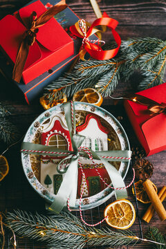 Christmas gingerbread cookies in gift box with festive decoration