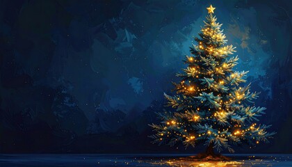 Glowing Christmas tree against textured, dark-blue background