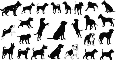 Vector collection of mixed dog breed silhouettes including shepherd bulldog and terrier for pet shop and veterinary clinic design