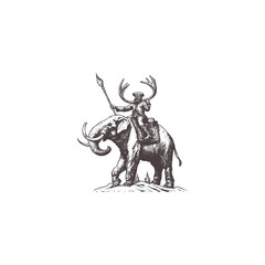 Naklejka premium vintage engraving illustration of a large elephant being ridden by a figure wearing stag antlers and holding a spear or staff