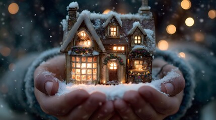 Hand holding a small house with lights inside. The house is surrounded by snow. Concept of warmth and coziness, as the lights inside the house create a welcoming atmosphere