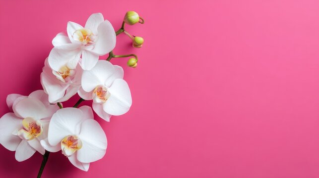 Beautiful white orchids are artistically placed on a bright pink backdrop, highlighting their soft petals and fresh green buds, ideal for relaxation and wellness imagery