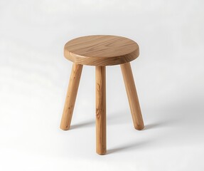 Simple wooden three legged stool on a white background