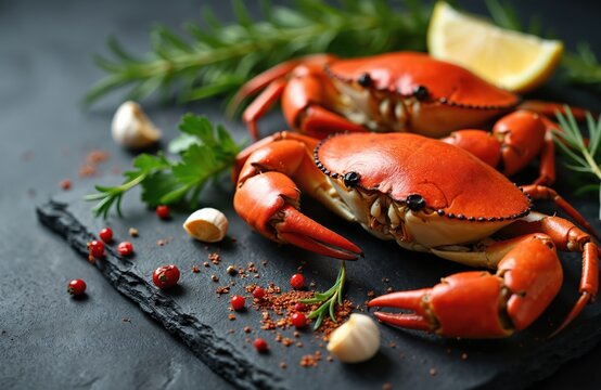 Two red cooked crabs sit on dark slate with garlic, rosemary, peppercorns, and lemon wedge. Prepared seafood meal ready for serving. Culinary dish with fresh ingredients. - Powered by Adobe