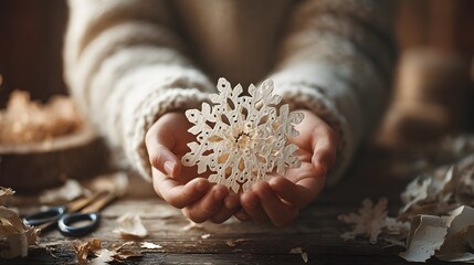 Person is holding a snowflake in their hand. The snowflake is made of paper and is white in color. The scene is set on a wooden table, and there are scissors nearby. Scene is cozy and festive