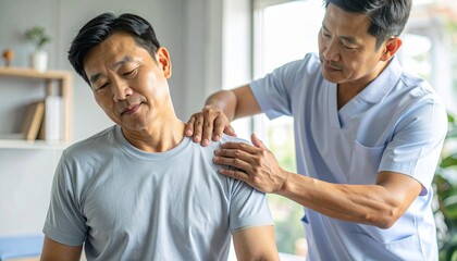Obraz premium Asian Physiotherapist Treating Male Patient s Neck and Shoulder Pain with Manual Therapy