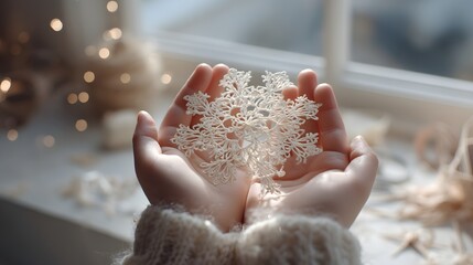 Person is holding a snowflake in their hand. The snowflake is white and has a unique design. Concept of wonder and appreciation for the beauty of nature