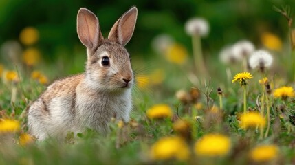 Fototapeta premium Soft rabbit in vibrant meadow adorned with dandelions, showcasin