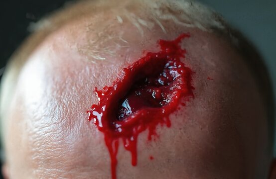 Close-up of severe scalp injury with significant blood loss following metal impact. Image illustrates workplace safety failure, serious trauma. Man suffering from violent head wound requiring