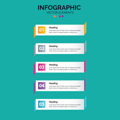 Modern infographic template with five numbered steps and colorful geometric shapes for business presentation or data visualization.
Colorful infographic template with five numbered steps and text boxe