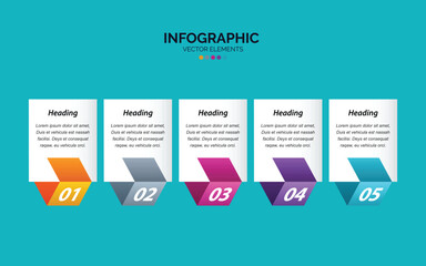 Modern infographic template with five numbered steps and colorful geometric shapes for business presentation or data visualization.
Colorful infographic template with five numbered steps and text boxe