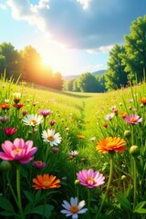 Sunlit meadow ablaze with wildflowers, idyllic summer scene , flora, yellow