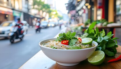 Steaming Pho Bowl Garnished with Herbs and Lime on Hanoi Street