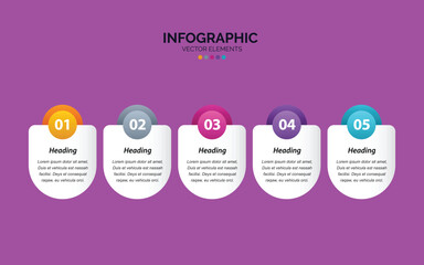 Modern infographic template with five numbered steps and colorful geometric shapes for business presentation or data visualization.
Colorful infographic template with five numbered steps and text boxe