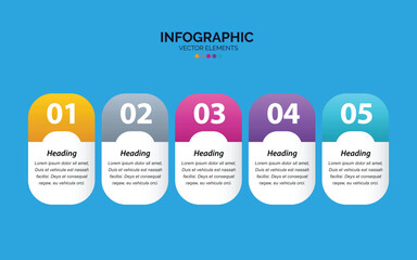 Modern infographic template with five numbered steps and colorful geometric shapes for business presentation or data visualization.
Colorful infographic template with five numbered steps and text boxe