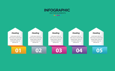 Modern infographic template with five numbered steps and colorful geometric shapes for business presentation or data visualization.
Colorful infographic template with five numbered steps and text boxe