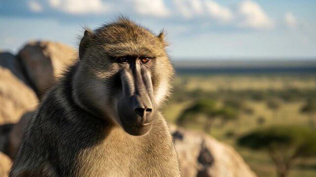 Curious baboon observing african savanna landscape under vast sky