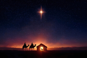 A colorful Christmas scene features the Star of Bethlehem glowing above a stable in the desert, with kings on camels and baby Jesus in a manger, all in sharp focus