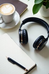 Over-ear headphones rest on a pristine white desk next to a closed notebook , headphones, music