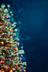 A stunning Christmas tree adorned with colorful ornaments radiates warmth and cheer, beautifully illuminated by soft lights in a deep blue setting