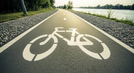 Obraz premium Bike Lane Sunlight: Scenic Pathway Next to Calm River, Promoting Cycling and Activity