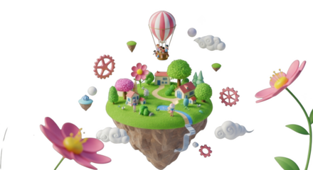 Whimsical floating island with houses, trees, a hot air balloon and flowers on a black background Keywords: floating island, whimsical, fantasy, miniature village