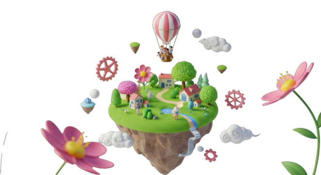 Whimsical floating island with houses, trees, a hot air balloon and flowers on a black background Keywords: floating island, whimsical, fantasy, miniature village