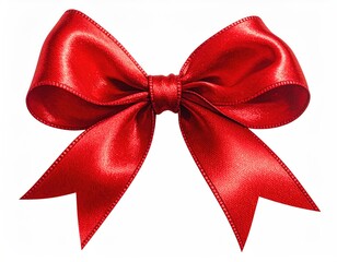 Vibrant red ribbon bow, smooth satin, on white