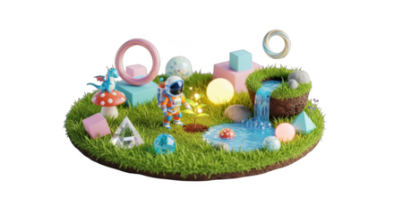 Whimsical Miniature World with Astronaut and Dragon on Floating Island (51
